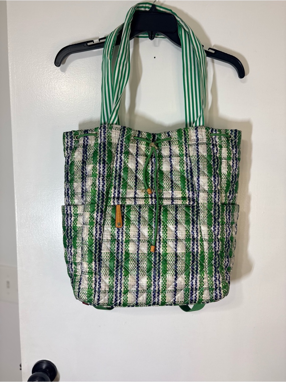 MZ WALLACE Medium Metro Convertible Backpack Summer Plaid Green/White Quilted